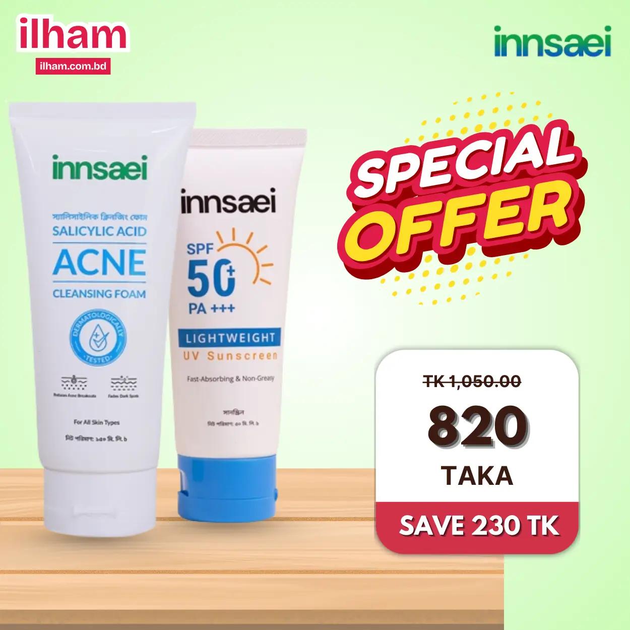 Innsaei Salicylic Acid Acne Solution Cleansing Foam 150ml and Innsaei Lightweight UV Sunscreen 50ml
