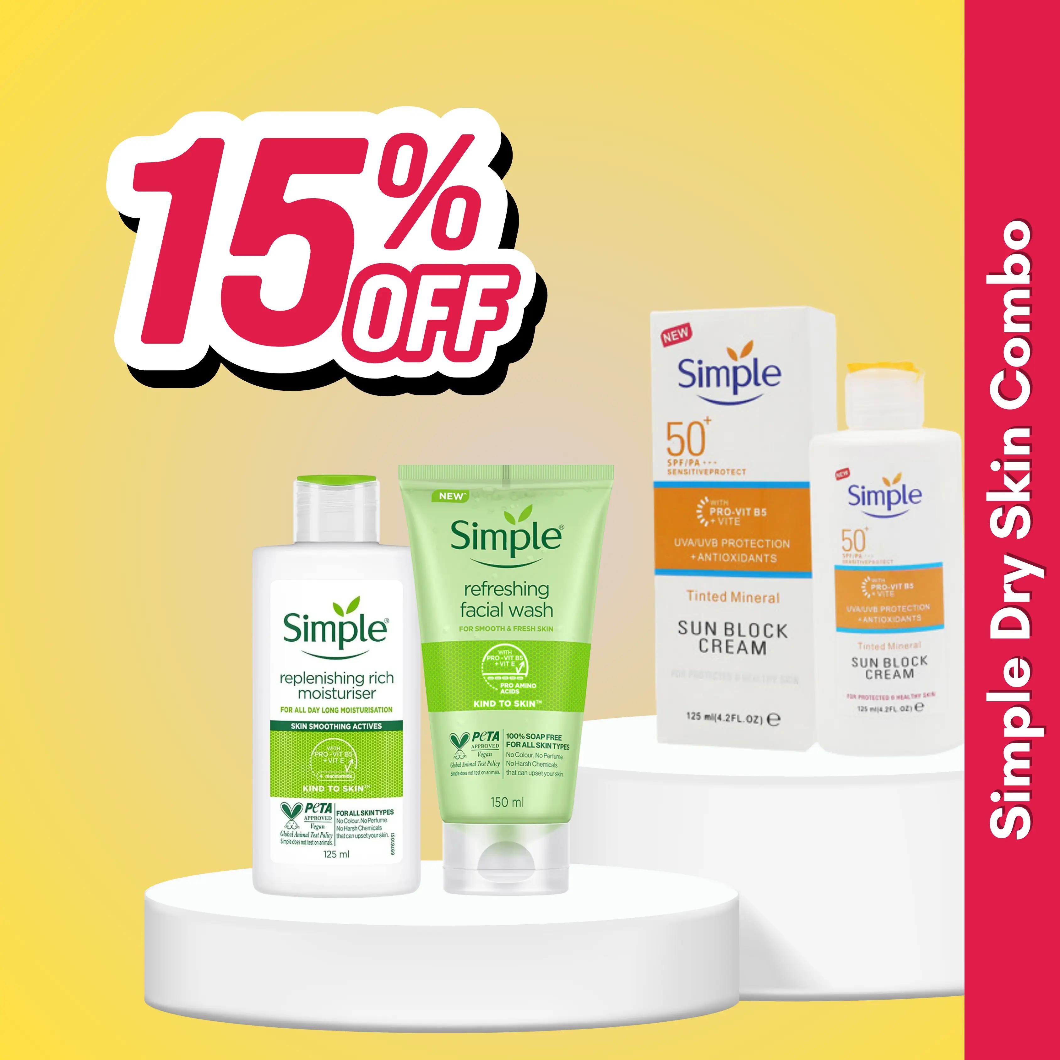 Simple Skincare dry skin combo pack face wash, moisturizer, sunscreen