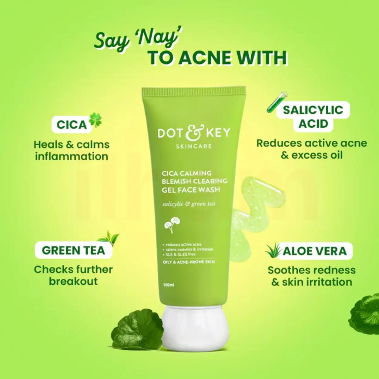 Dot and Key Cica Calming Blemish Clearing Face Wash with Salicylic Acid & Green Tea for Oily & Acne Prone Skin 15ml