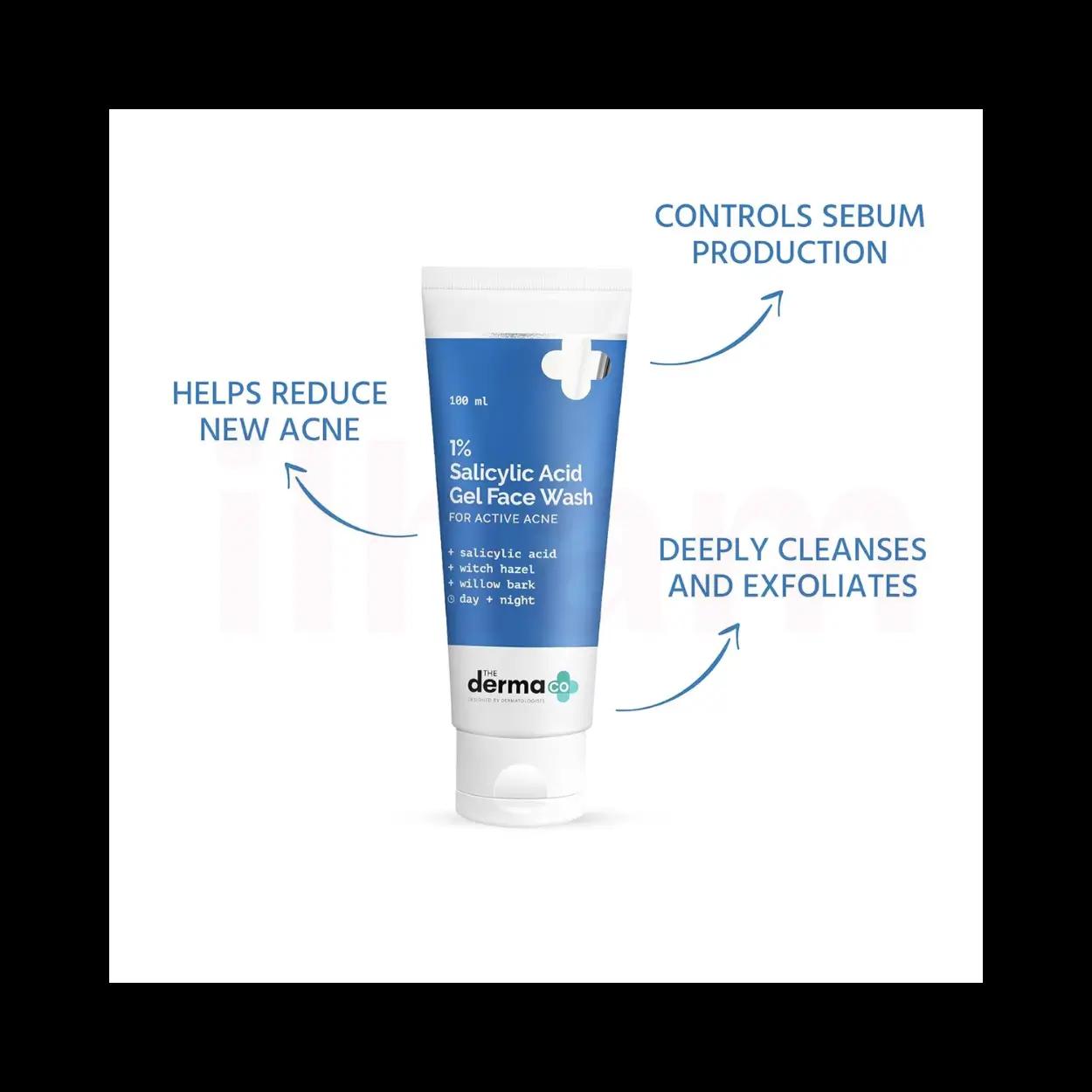 The Derma Co 1% Salicylic Acid Gel Daily Face Wash With Salicylic Acid, Witch Hazel & Willow Black for Active Acne 100ml