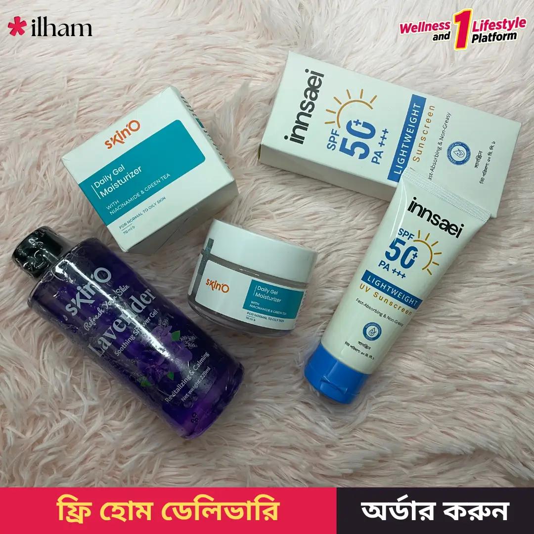 Skino x Innsaei oil control pack Skino Daily Gel Moisturizer with Niacinamide & Green Tea 70ml, SkinO Lavender Soothing Shower Gel 220ml, Innsaei Lightweight UV Sunscreen 50ml