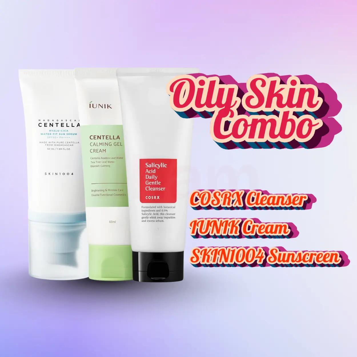 cosrx salicylic acid cleanser 50ml, iunik brightening gel cream 60ml, skin1004 sun serum 50ml oily skin combo