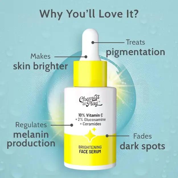 Chemist At Play 10% Vitamin C Brightening Face Serum – 30ml ,With 2% Glucosamine & Ceramides