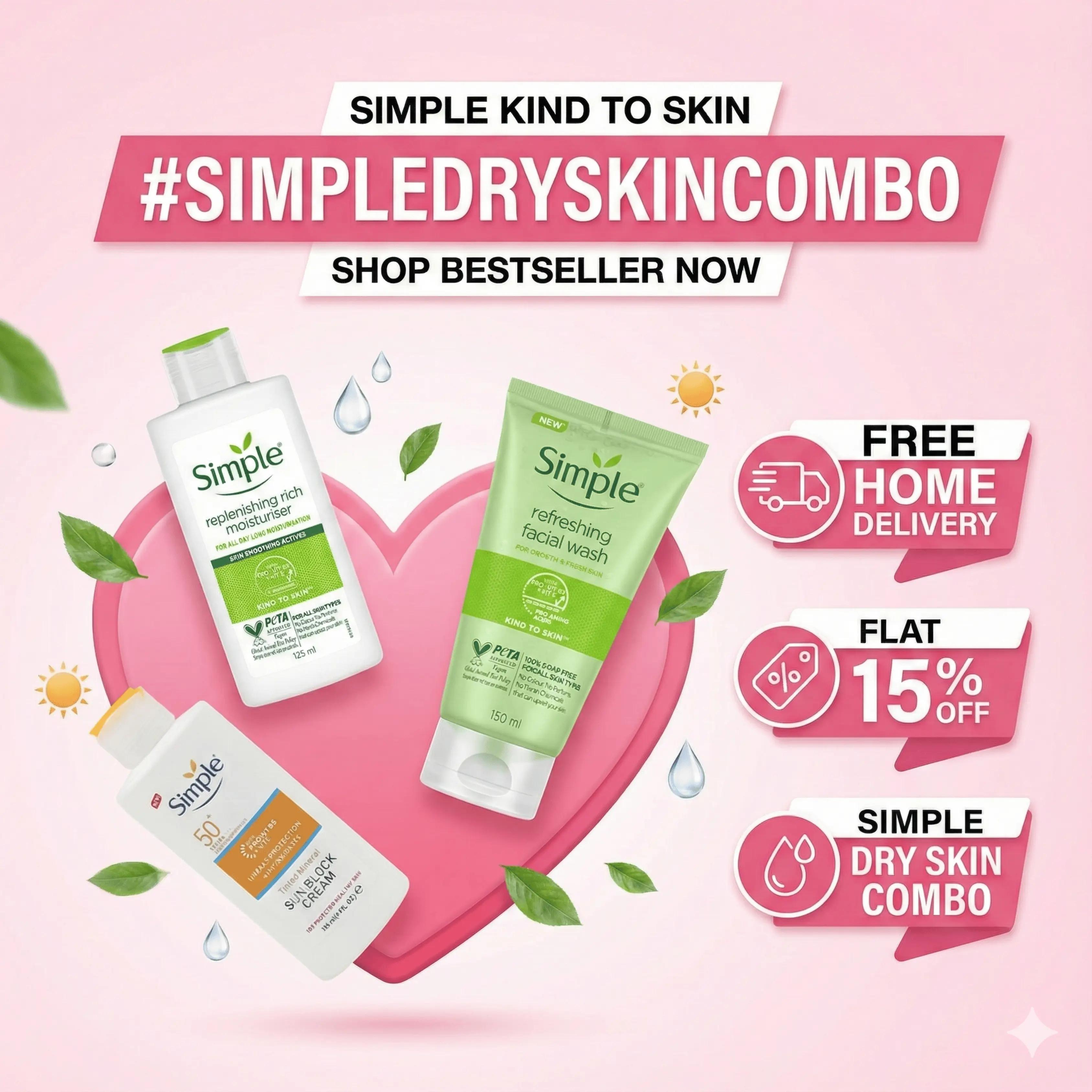 Simple Skincare dry skin combo pack Kind to Skin Refreshing Face Wash, Replenishing Rich Moisturiser, Tinted Mineral Sun Block Cream